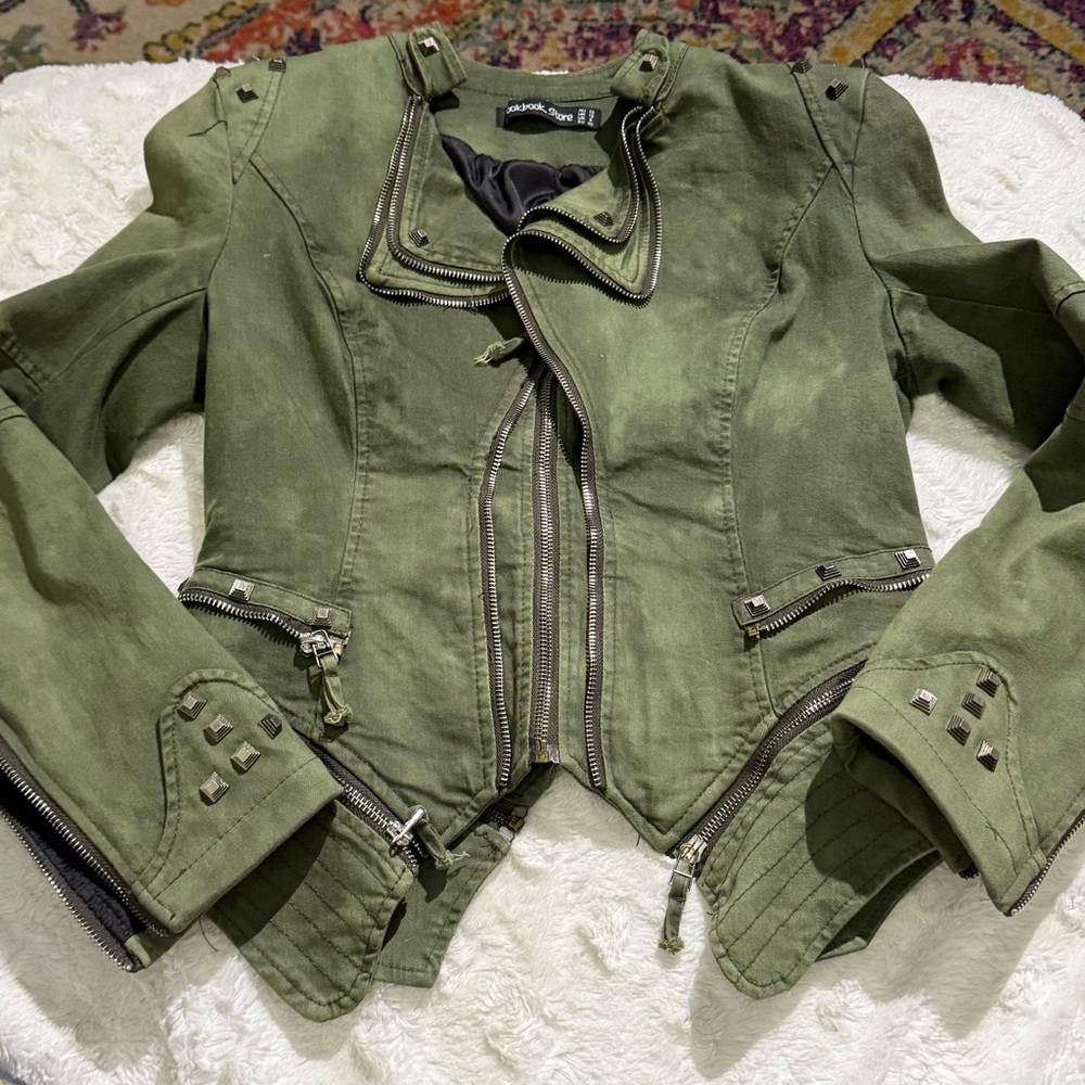 Olive camo green military studded multi zip jacket - Picture 10 of 11